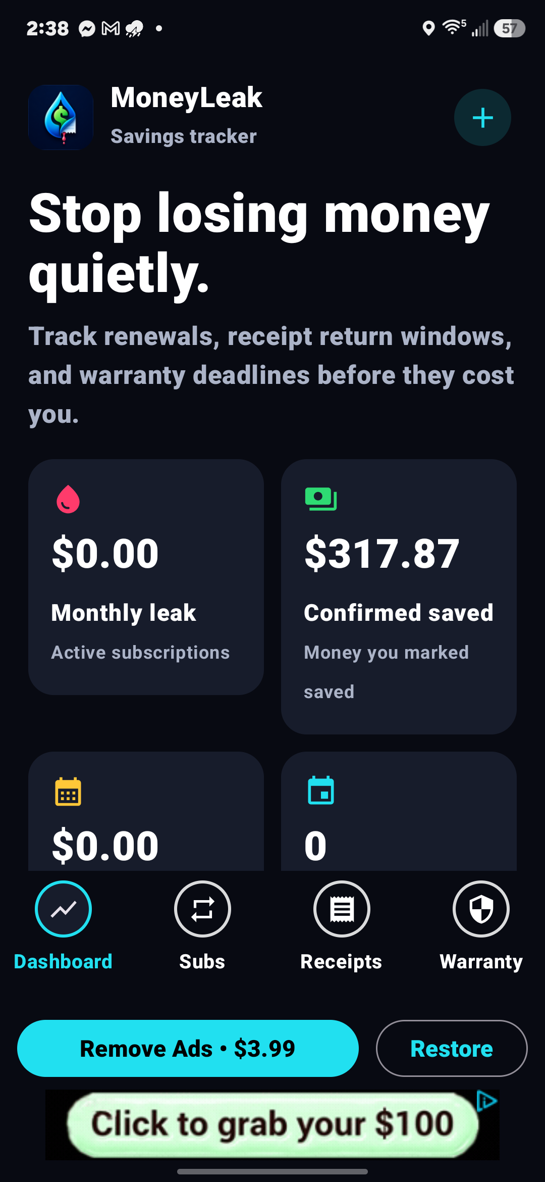 MoneyLeak dashboard showing monthly exposure and tracked items
