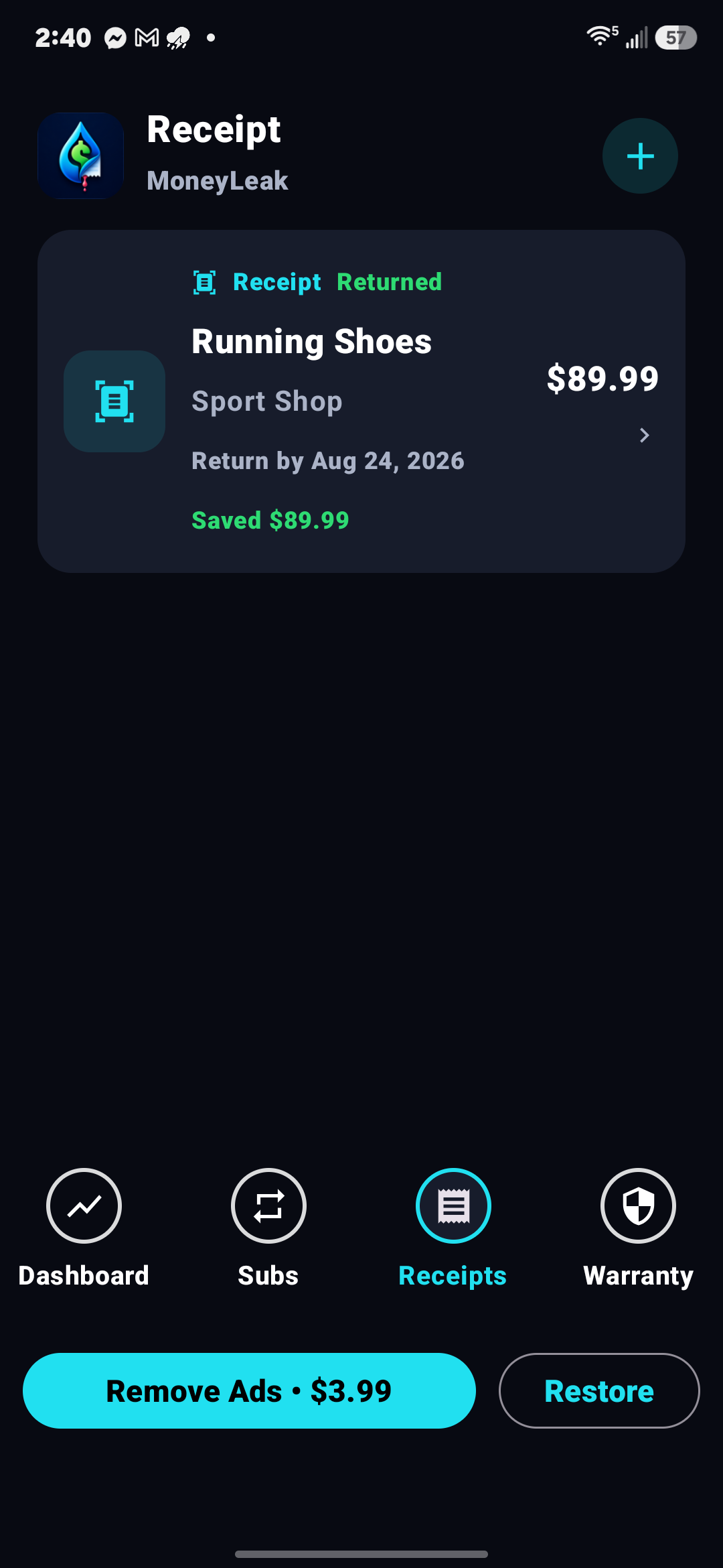 Receipts screen