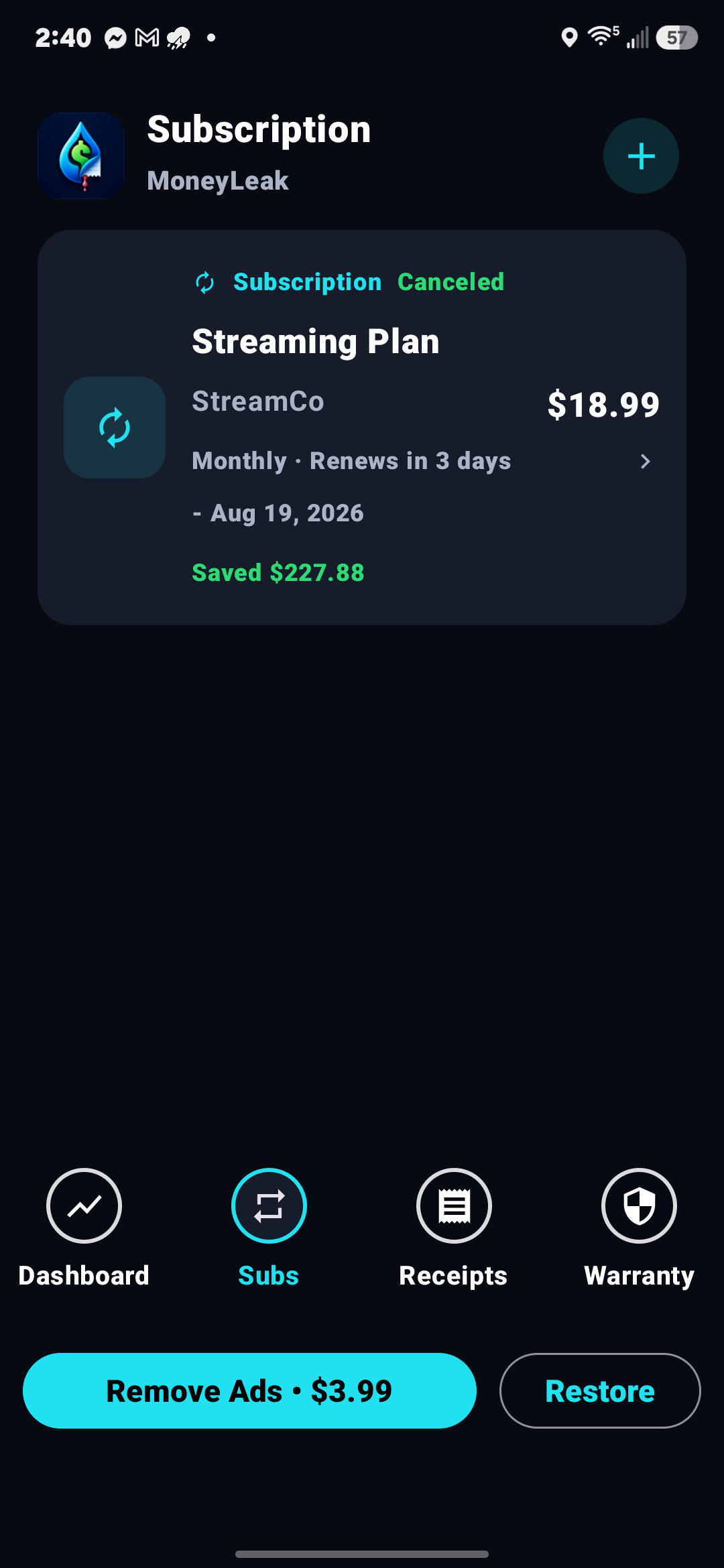 Subscriptions screen